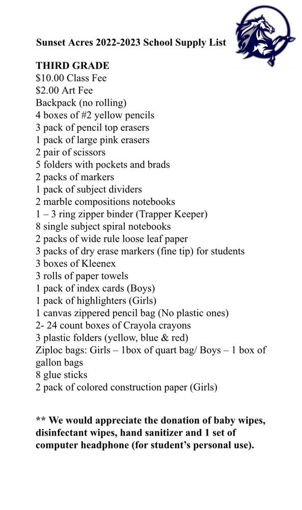 3rd Grade Supply List Sunset Acres Elementary