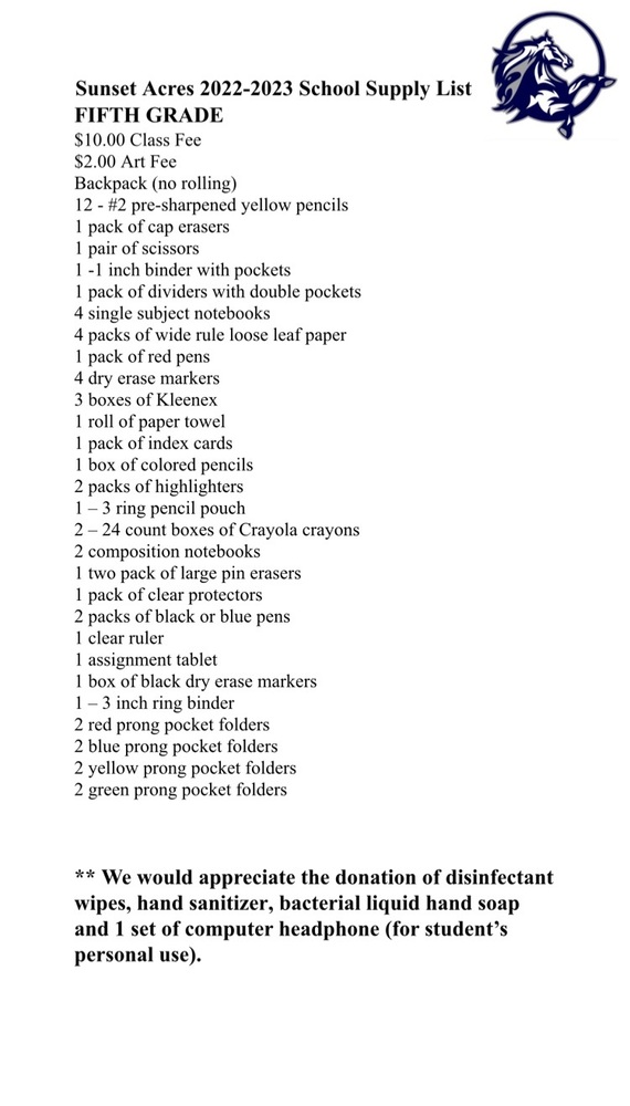 5th Grade Supply List 