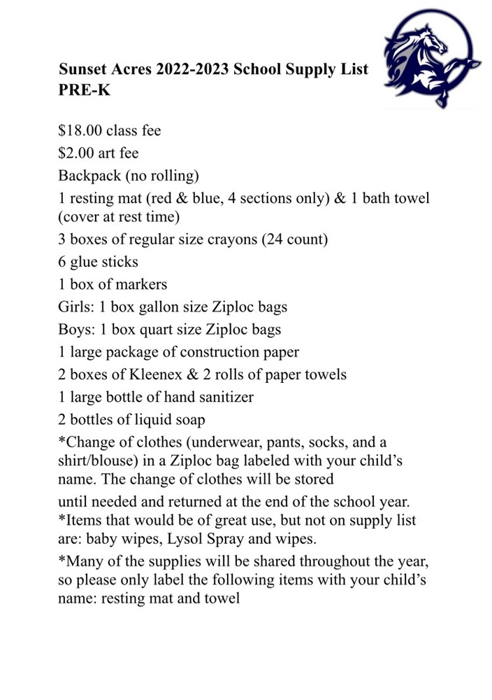 Pre-K Supply List