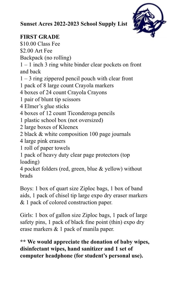 1st Grade Supply List