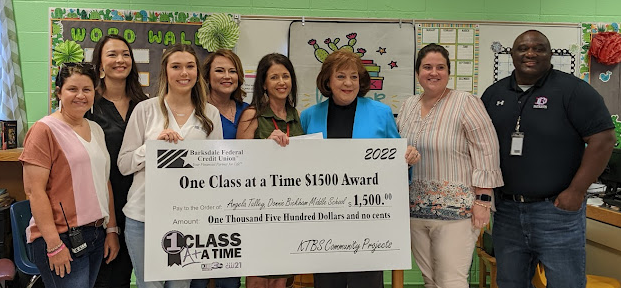 Mrs. Talley with One Class At a Time big check