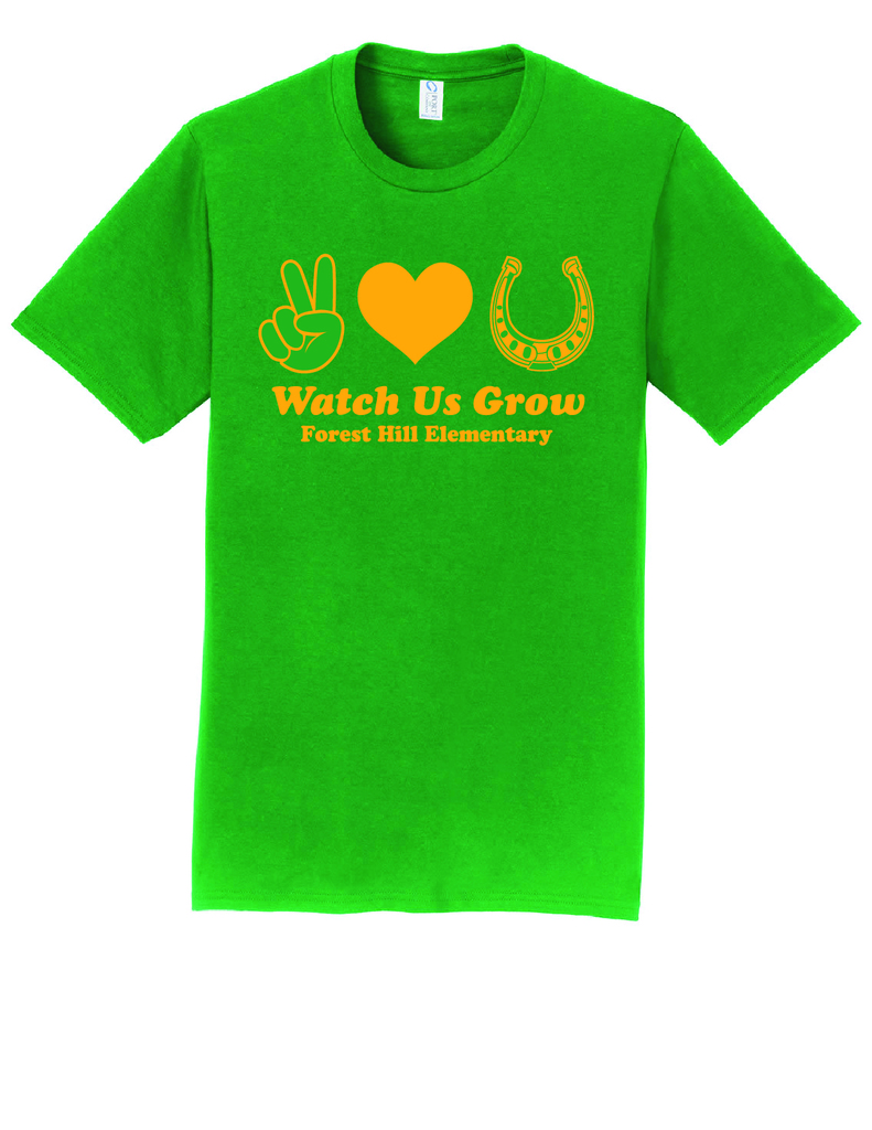 green t-shirt with peace sign, heart, and a horse shoe