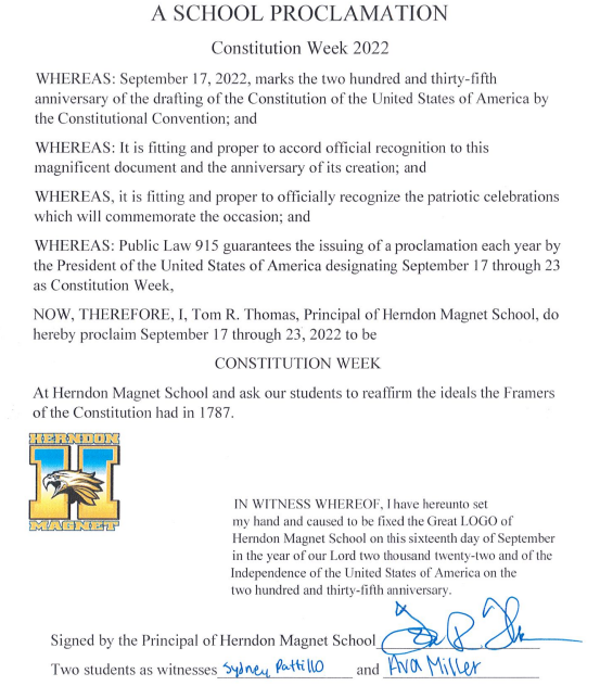 School Proclamation Constitution Week 2022 Herndon